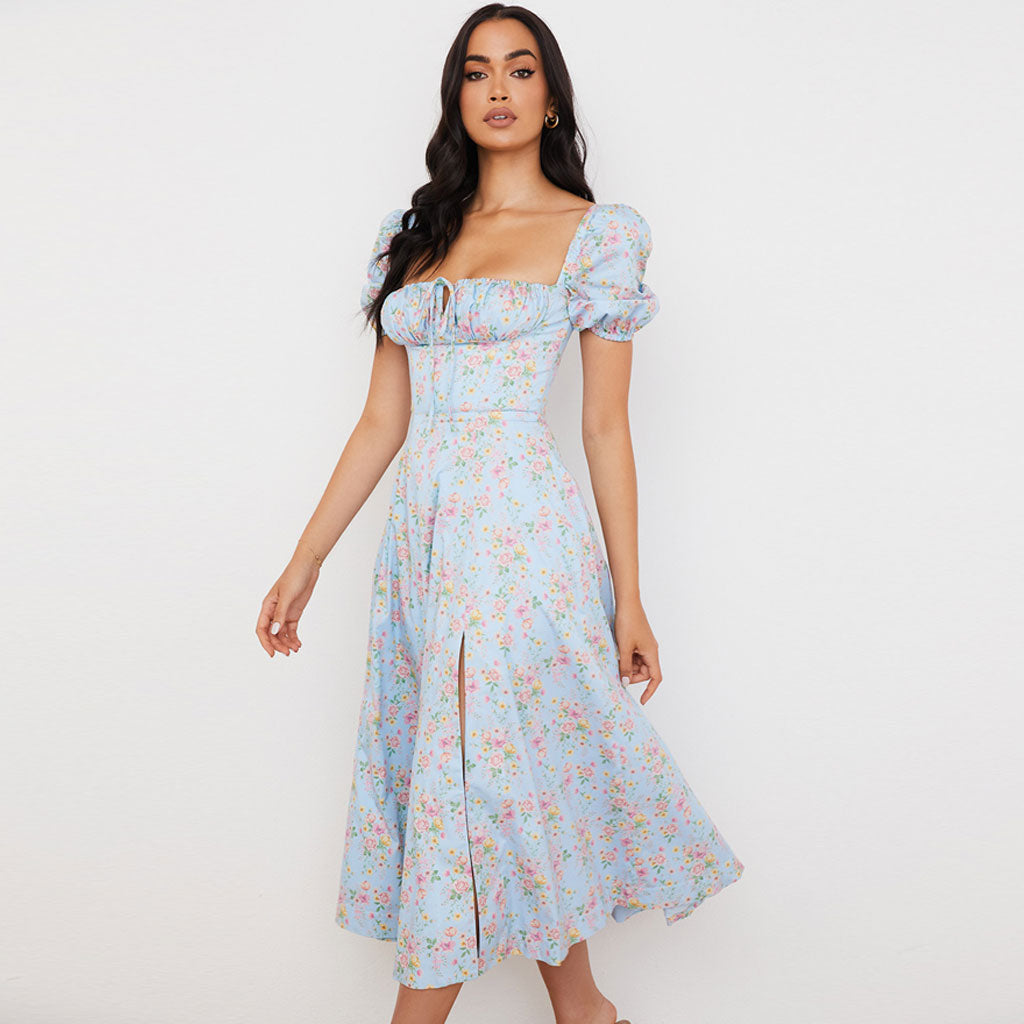 Botanical Print Milkmaid Puff Sleeve Square Neck Lace-Up Front Thigh Slit Midi Dress 3