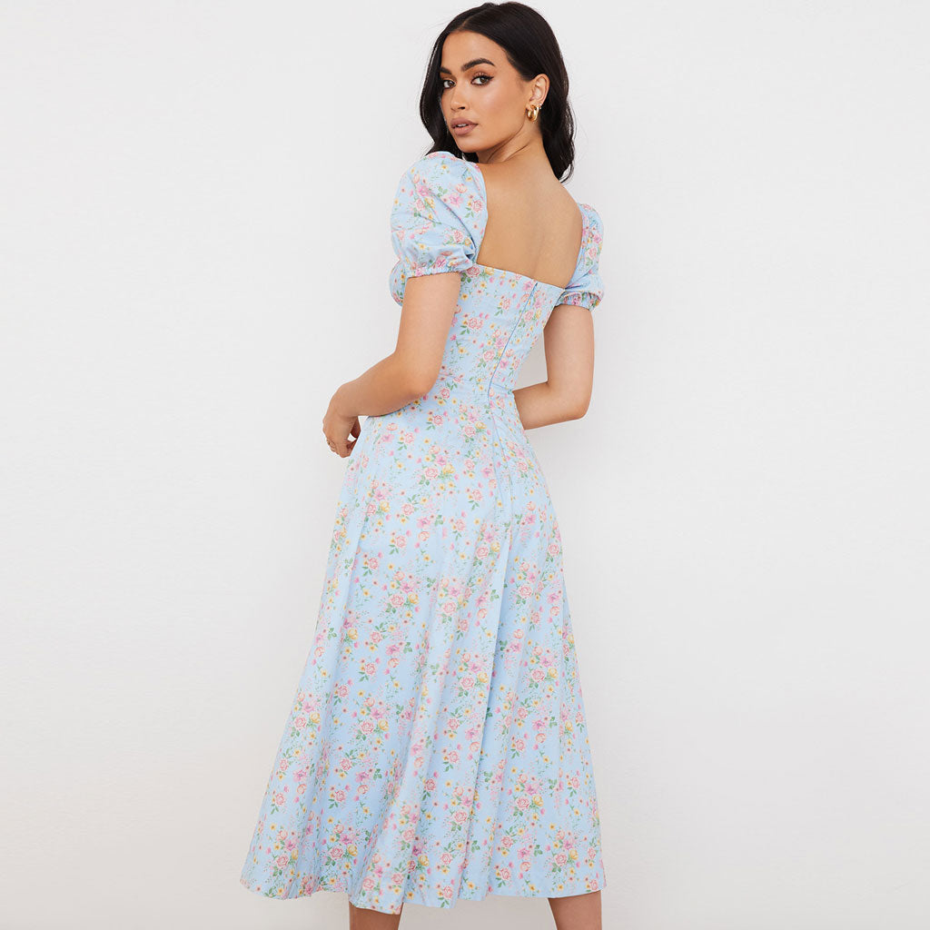 Botanical Print Milkmaid Puff Sleeve Square Neck Lace-Up Front Thigh Slit Midi Dress 4