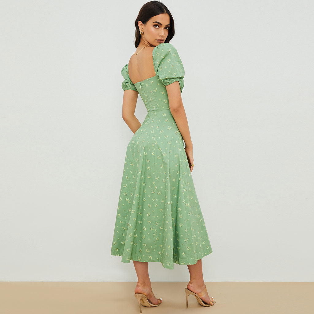 Wildflower Print Smocked Waist Puff Sleeve Square Neck High Slit Midi Dress 3
