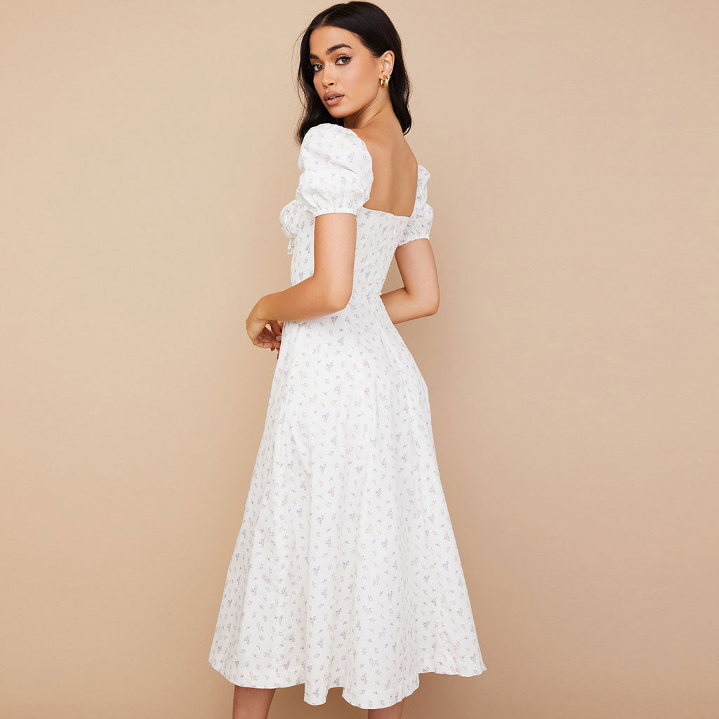 Ditsy Floral Smocked Puff Sleeve Square Neck Tie Front High Slit Midi Dress 3