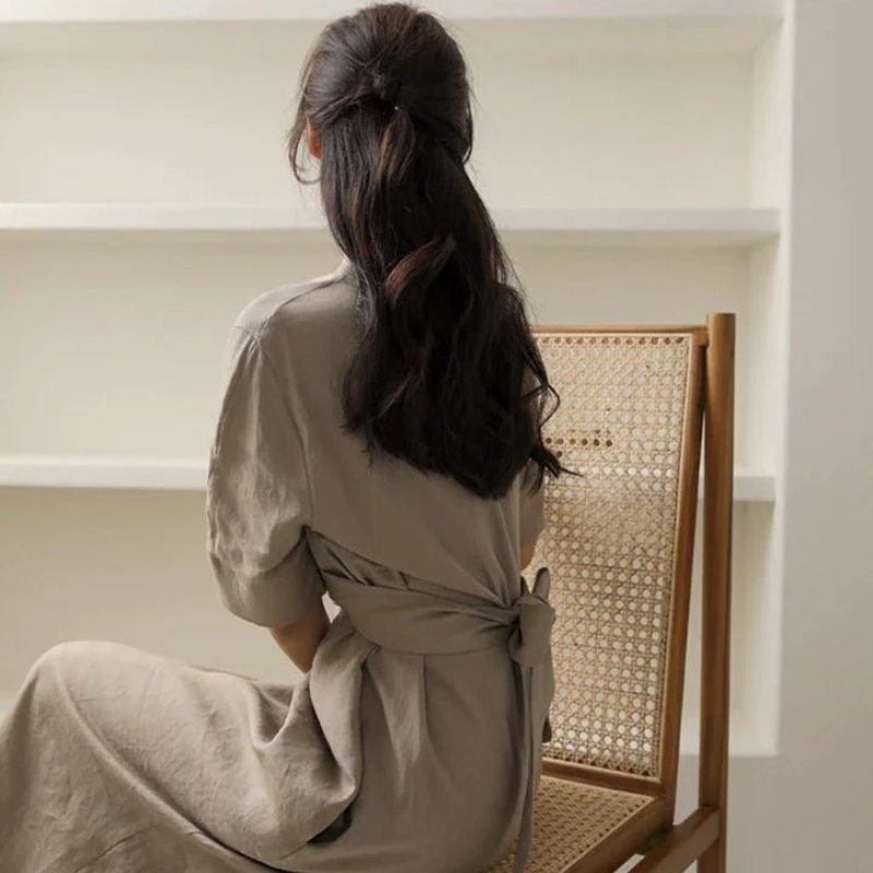 Linen Look Short Sleeve Wrap Tie Waist Tulip Hem Midi Dress 7