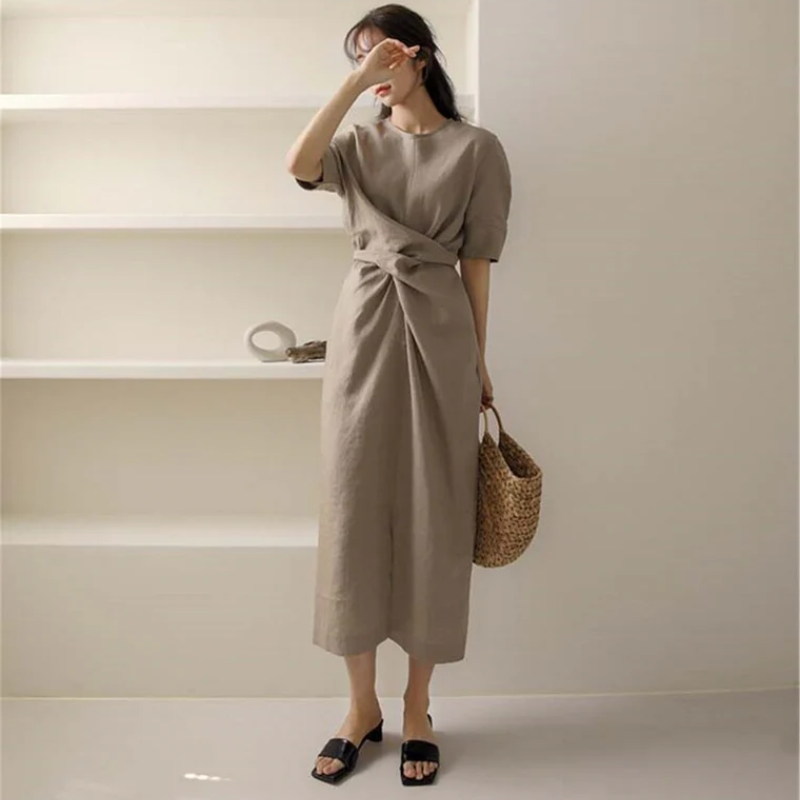 Linen Look Short Sleeve Wrap Tie Waist Tulip Hem Midi Dress 9