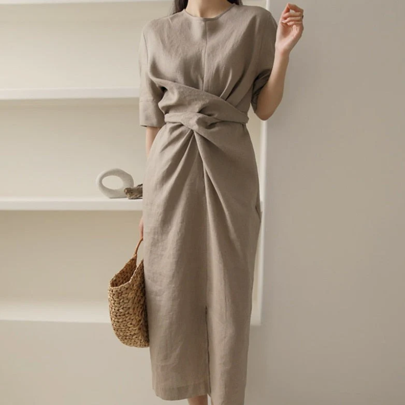 Linen Look Short Sleeve Wrap Tie Waist Tulip Hem Midi Dress 8