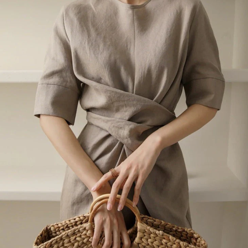 Linen Look Short Sleeve Wrap Tie Waist Tulip Hem Midi Dress 2