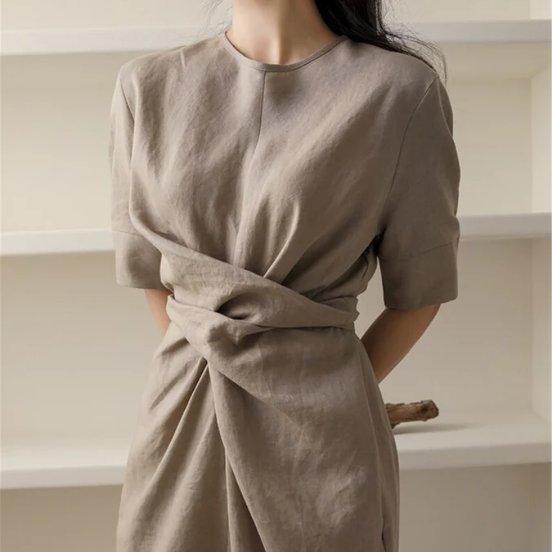 Linen Look Short Sleeve Wrap Tie Waist Tulip Hem Midi Dress 3