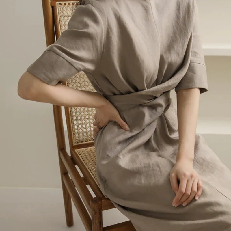 Linen Look Short Sleeve Wrap Tie Waist Tulip Hem Midi Dress 4