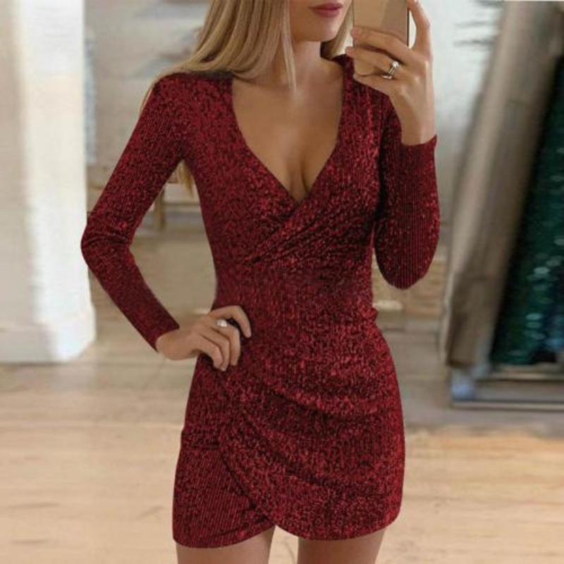 Sequin Long Sleeve Surplice Wrap Ruched Tulip Hem Mini Dress 4