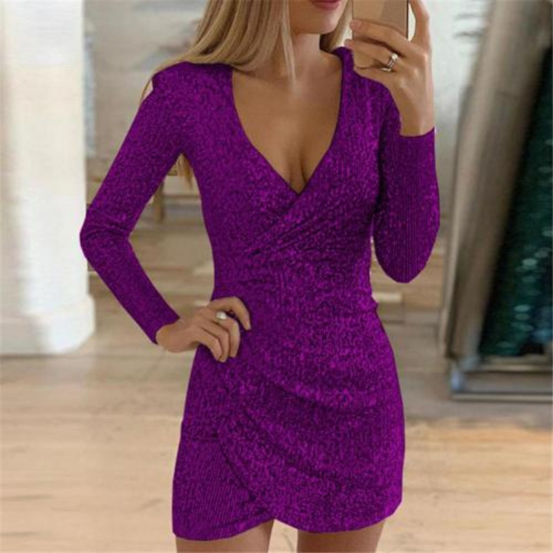 Sequin Long Sleeve Surplice Wrap Ruched Tulip Hem Mini Dress 6