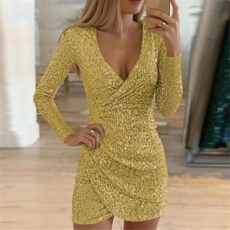 Sequin Long Sleeve Surplice Wrap Ruched Tulip Hem Mini Dress 7