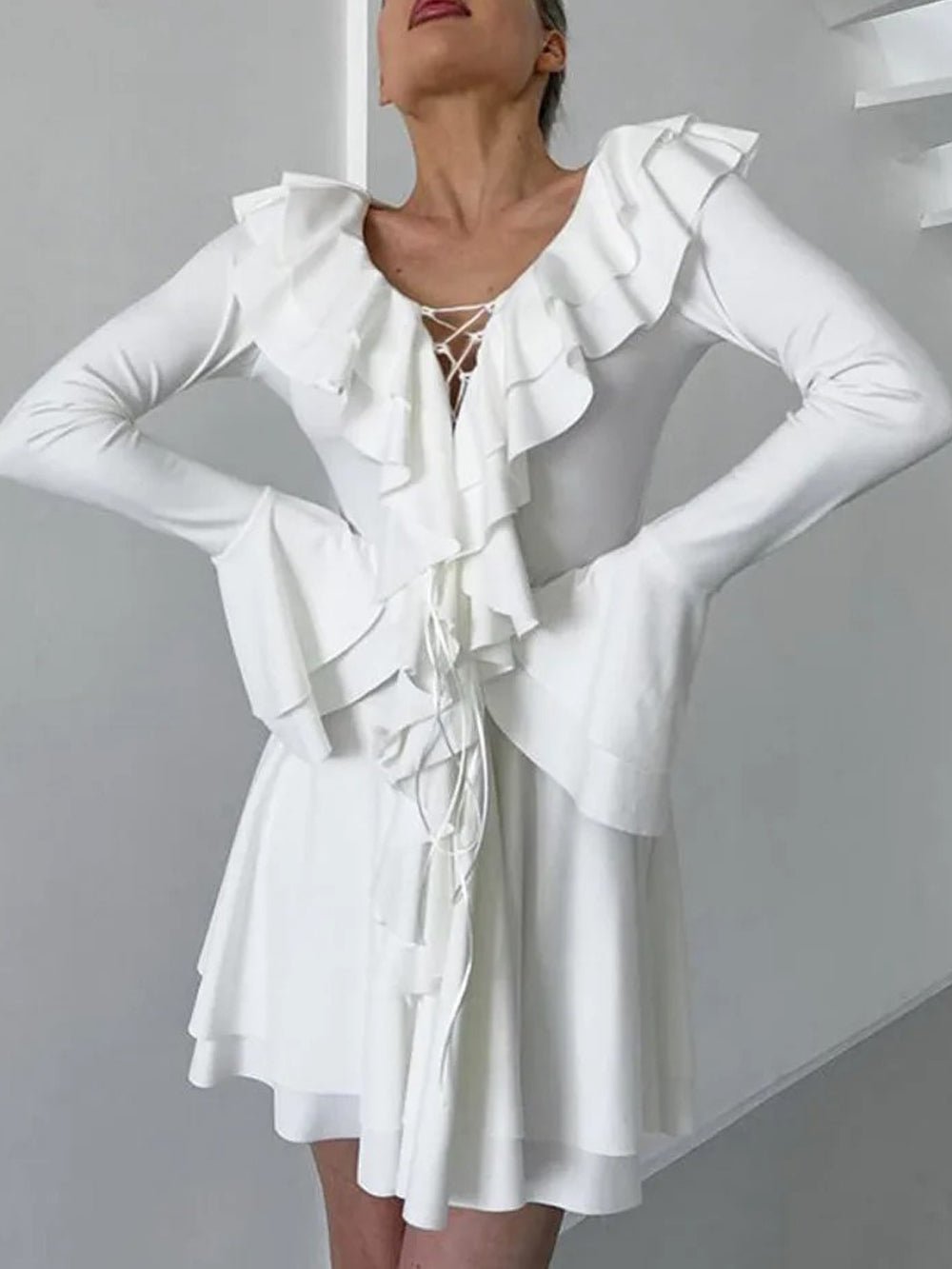 Long Sleeve Lace-Up Deep V-Neck Tiered Ruffle Mini Dress 6