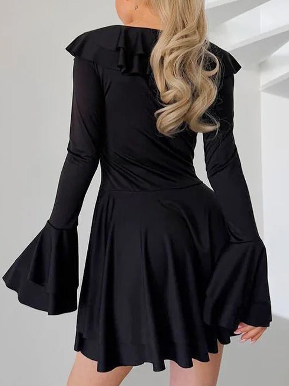Long Sleeve Lace-Up Deep V-Neck Tiered Ruffle Mini Dress 2