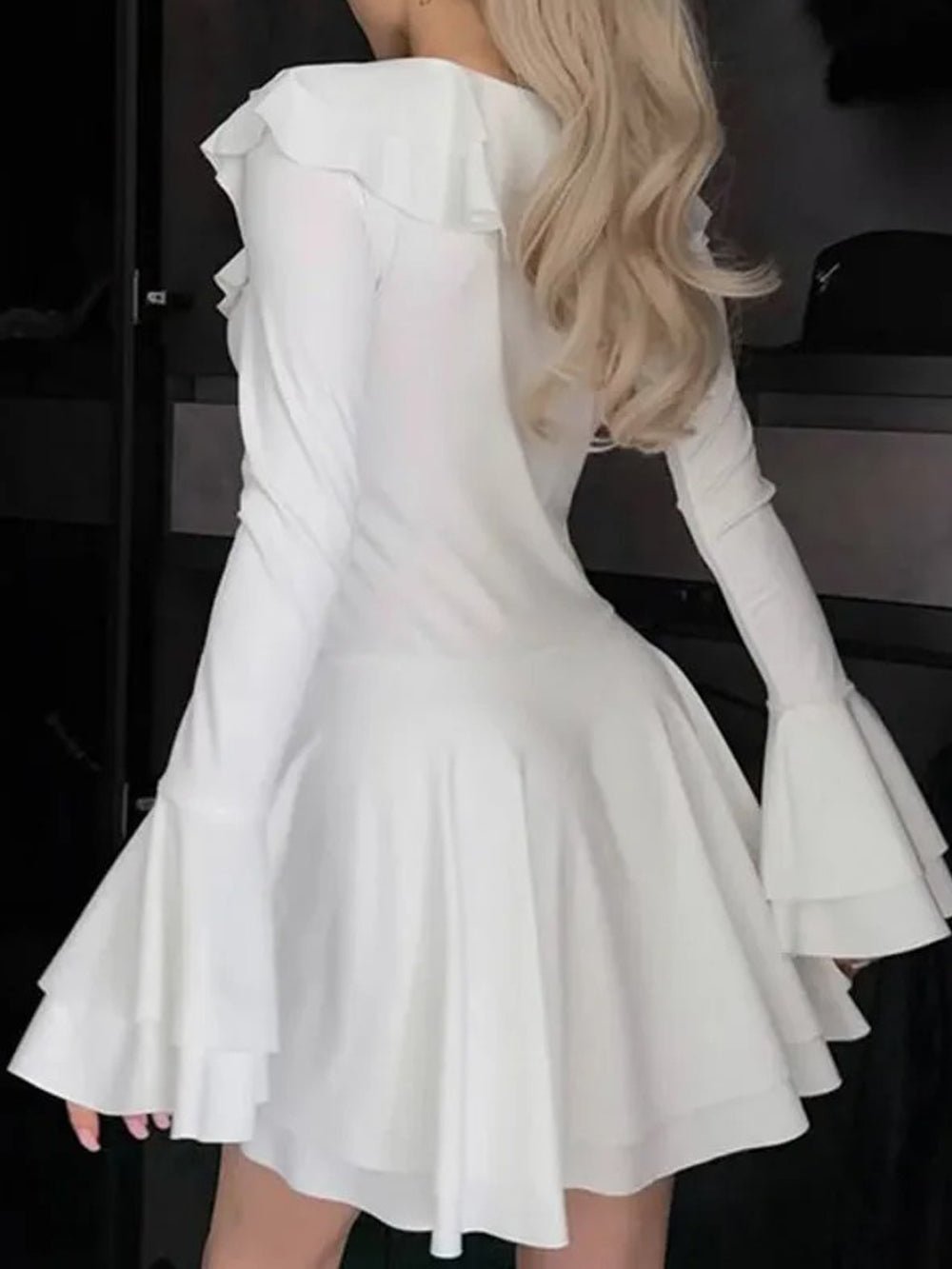 Long Sleeve Lace-Up Deep V-Neck Tiered Ruffle Mini Dress 5