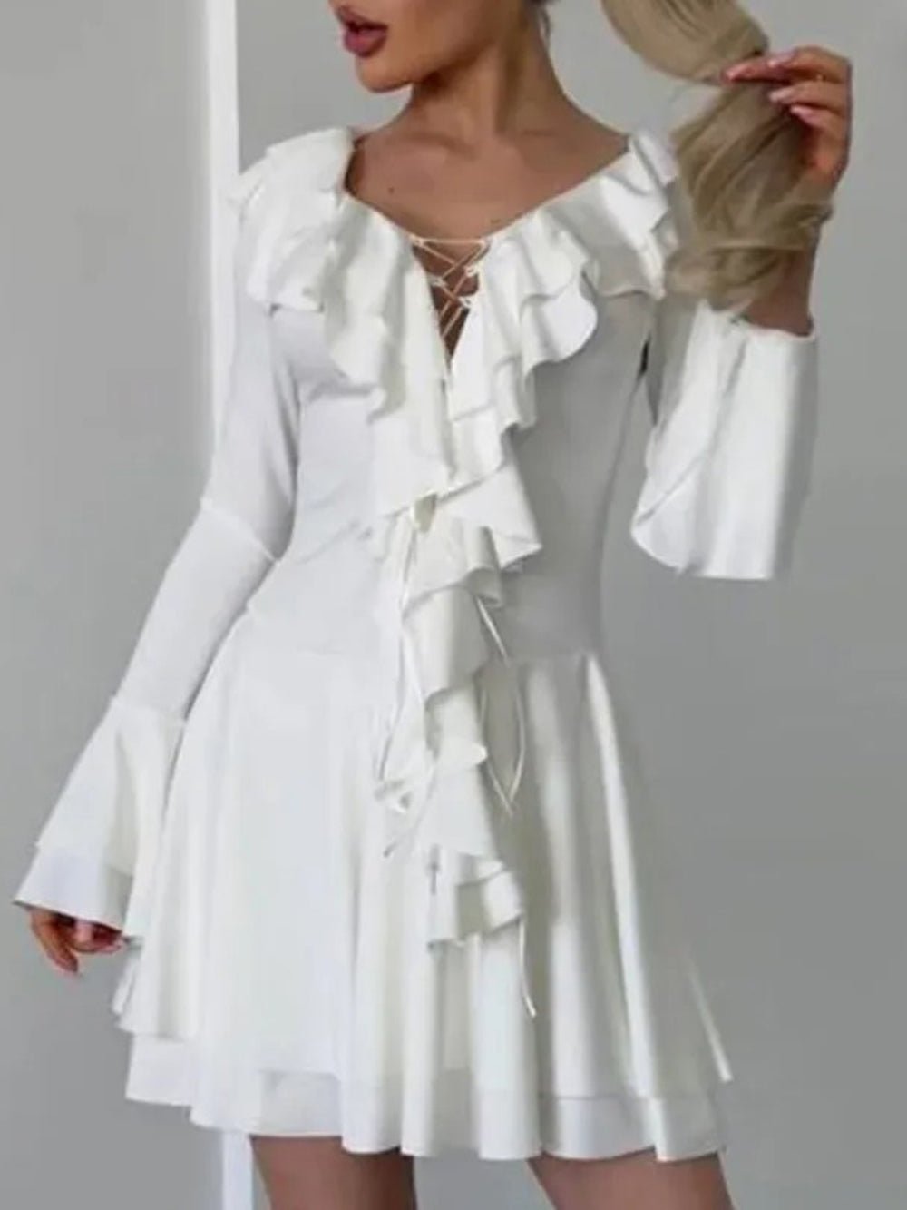 Long Sleeve Lace-Up Deep V-Neck Tiered Ruffle Mini Dress 4