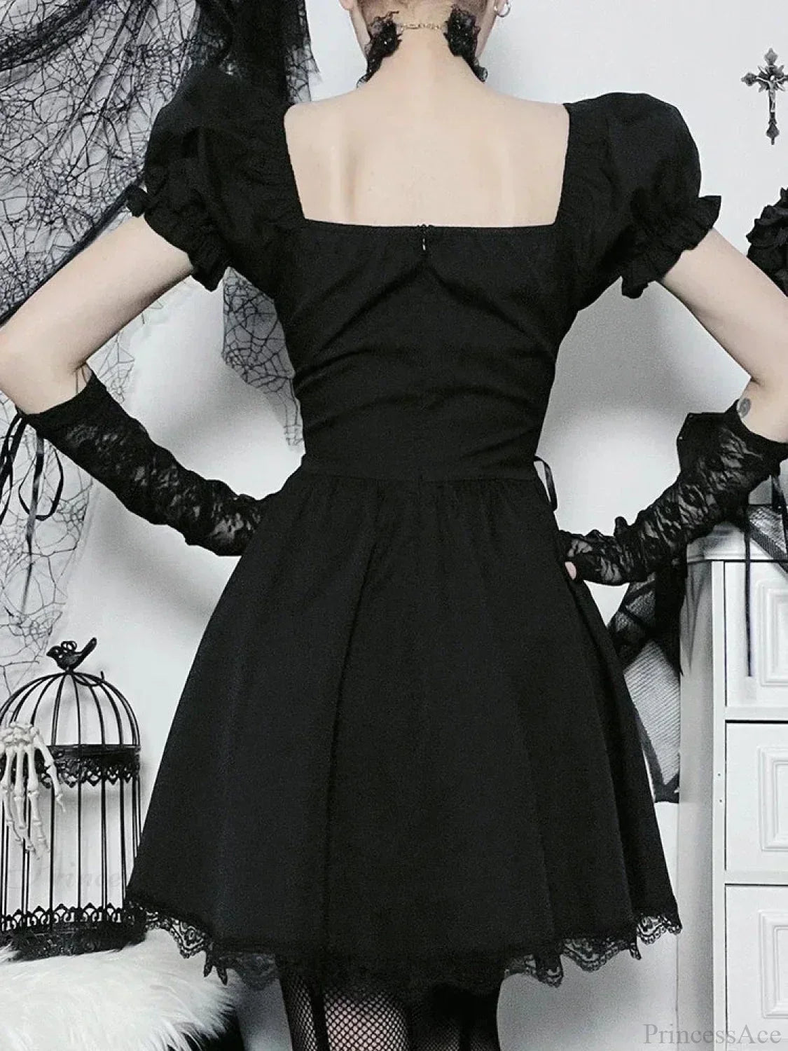 Floral Embroidery Sweetheart Lace Up Corset Puff Sleeve Lace Trim Mini Dress 5