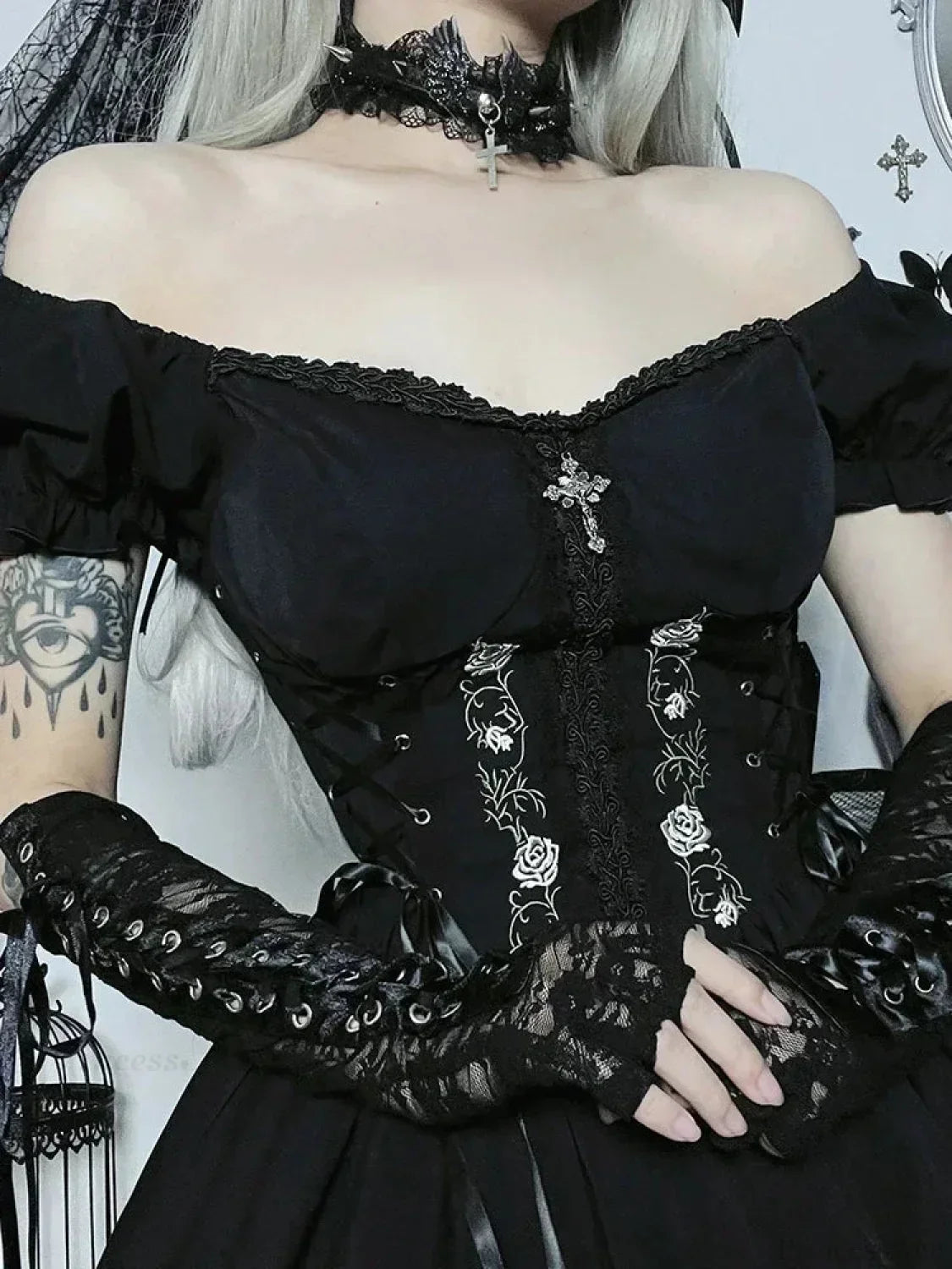 Floral Embroidery Sweetheart Lace Up Corset Puff Sleeve Lace Trim Mini Dress 3