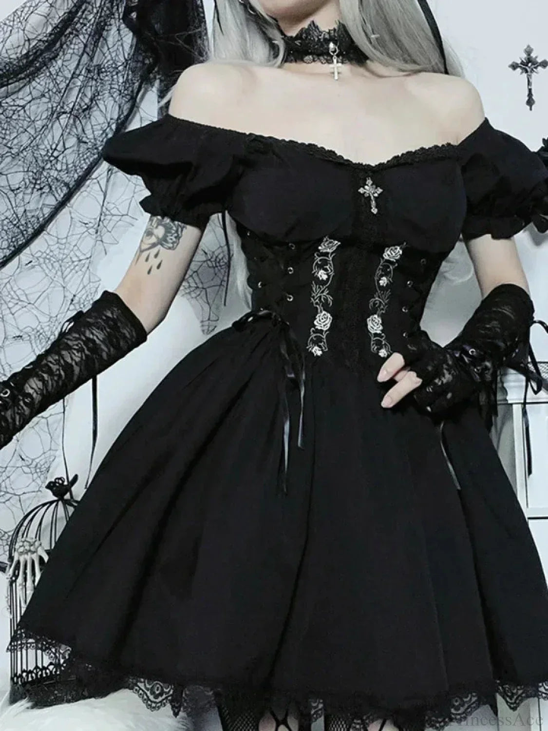 Floral Embroidery Sweetheart Lace Up Corset Puff Sleeve Lace Trim Mini Dress 2