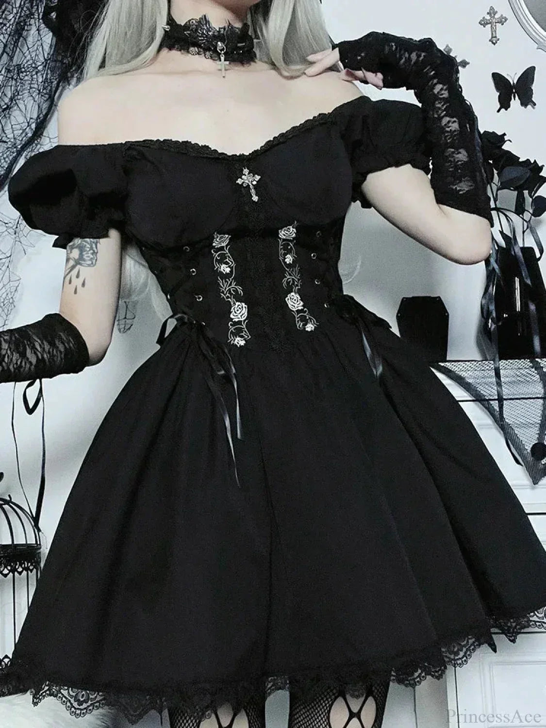 Floral Embroidery Sweetheart Lace Up Corset Puff Sleeve Lace Trim Mini Dress 4