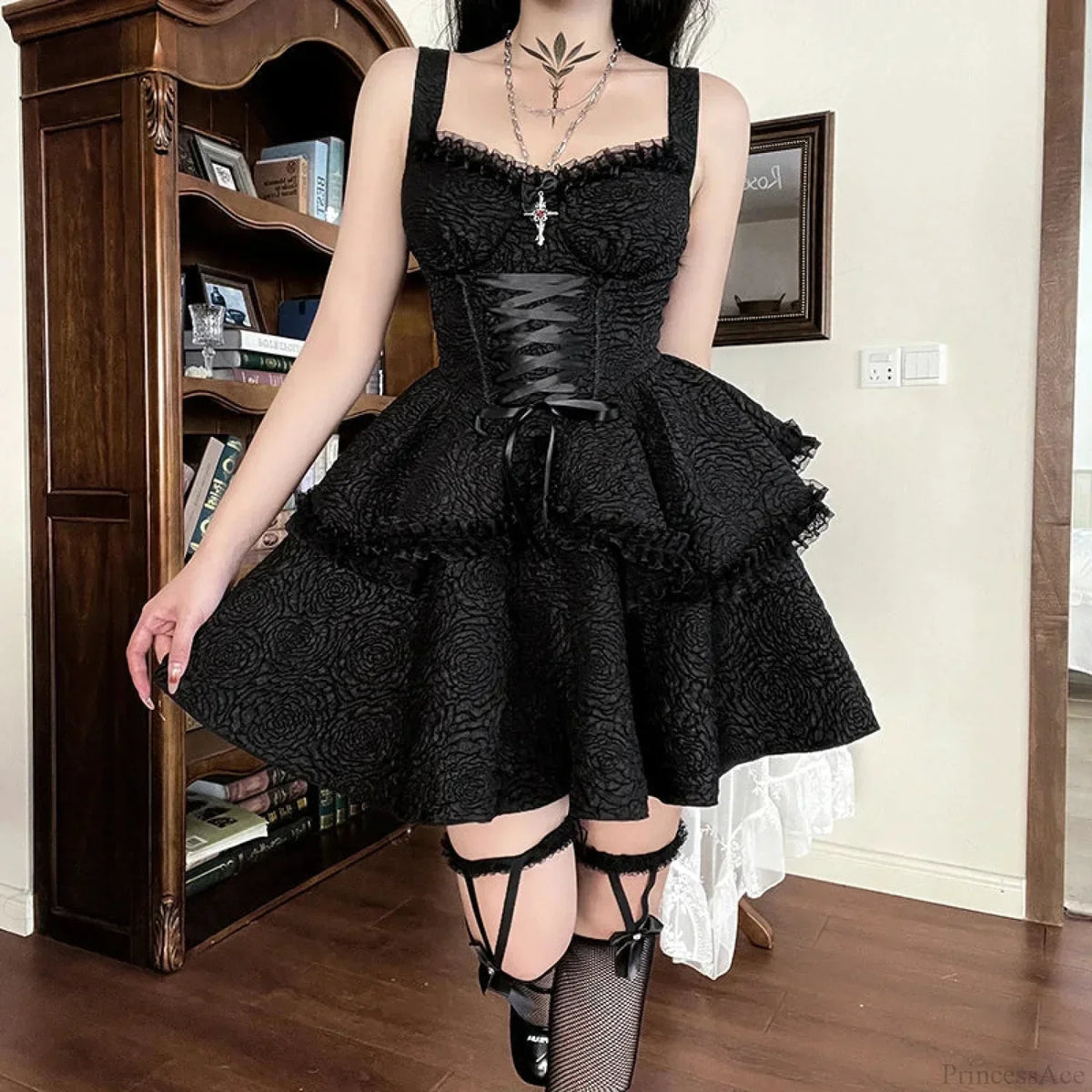 Floral Jacquard Lace-Up Corset Tiered Lace Trim Gothic Mini Dress 3
