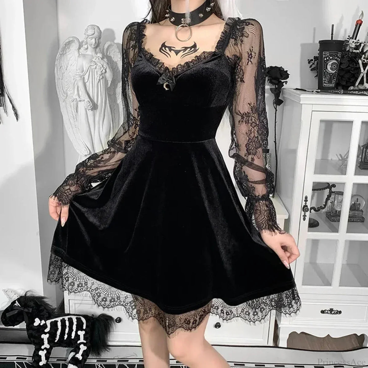 Velvet Sweetheart Lace Sleeve A-Line Lace Hem Mini Dress