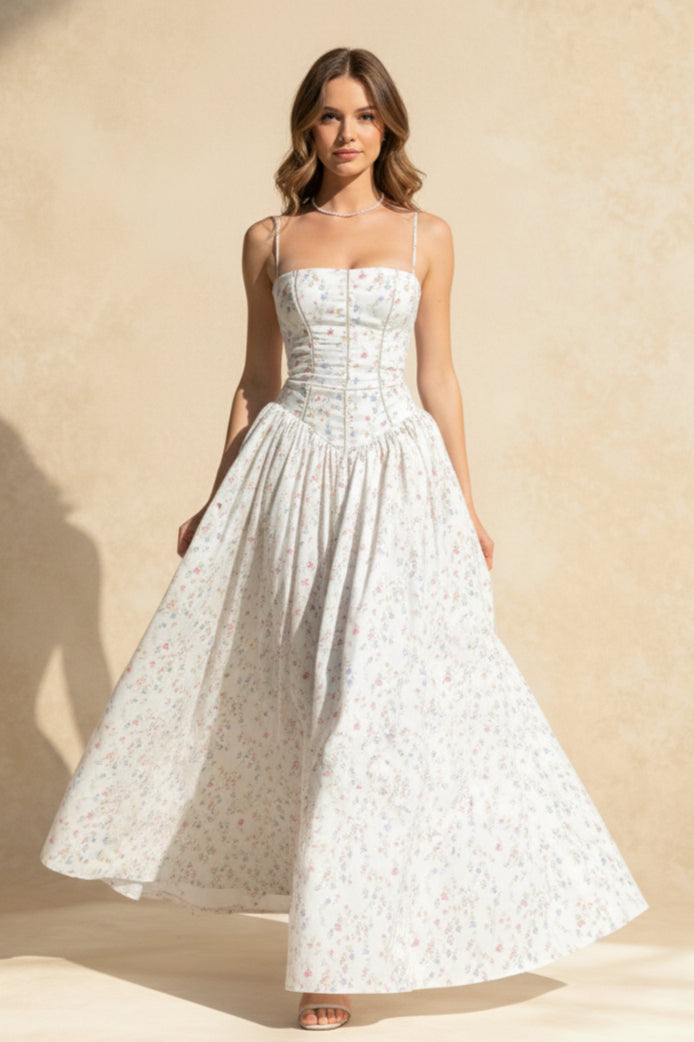 Floral Print Corset Bodice Basque Waist Pleated Ball Gown Maxi Dress 2