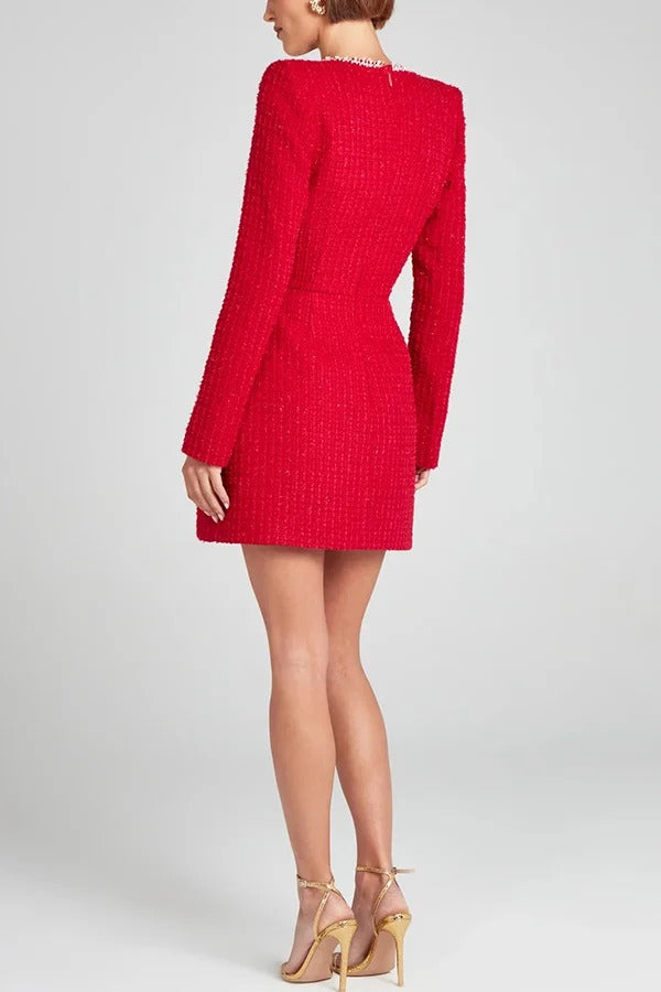 Tweed Square Neck Pearl Trim Long Sleeve Mini Dress 7