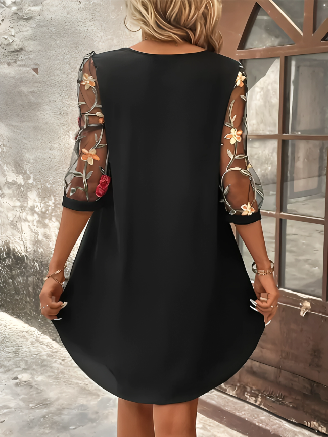 Round Neck Keyhole Sheer Mesh Floral Embroidered Sleeve Shift Mini Dress 3