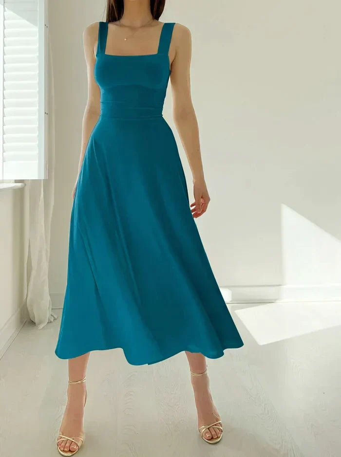 Square Neck Wide Strap A-Line Midi Dress 11