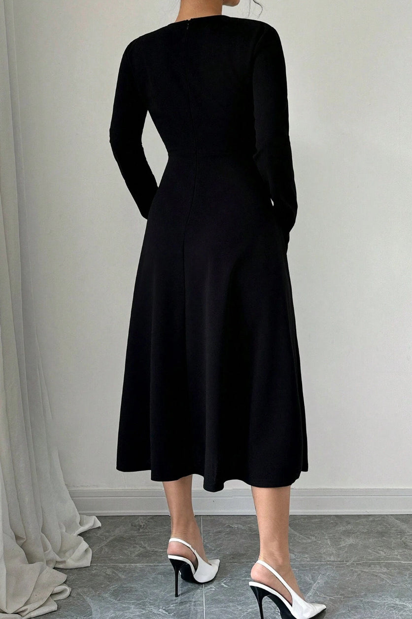 Black Long Sleeve Bow Detail Fit and Flare Midi Dress