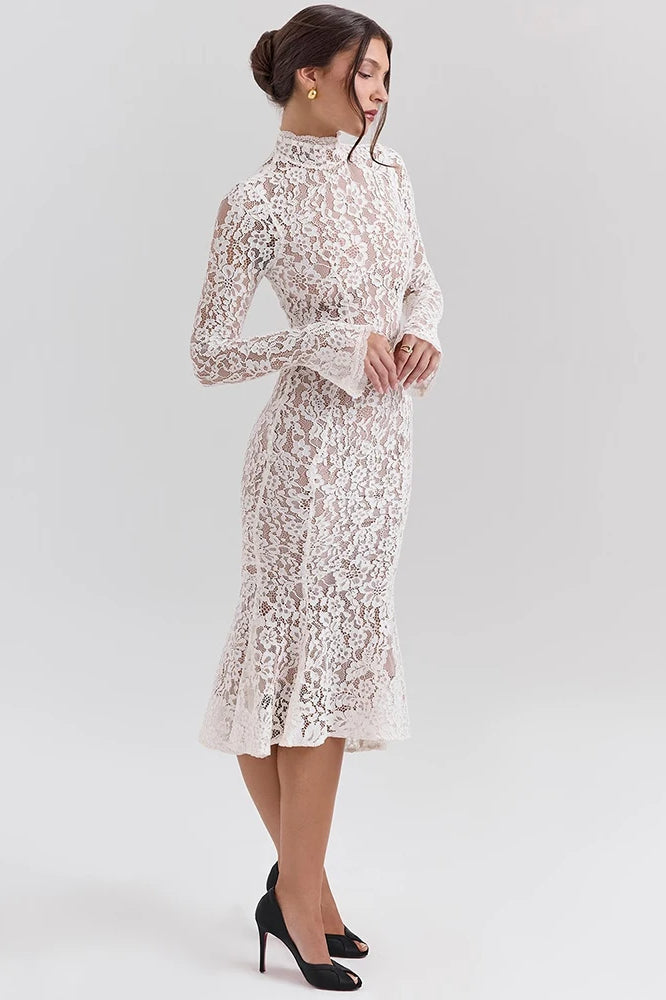 Floral Lace Mock Neck Bell Sleeve Mermaid Hem Midi Dress 5