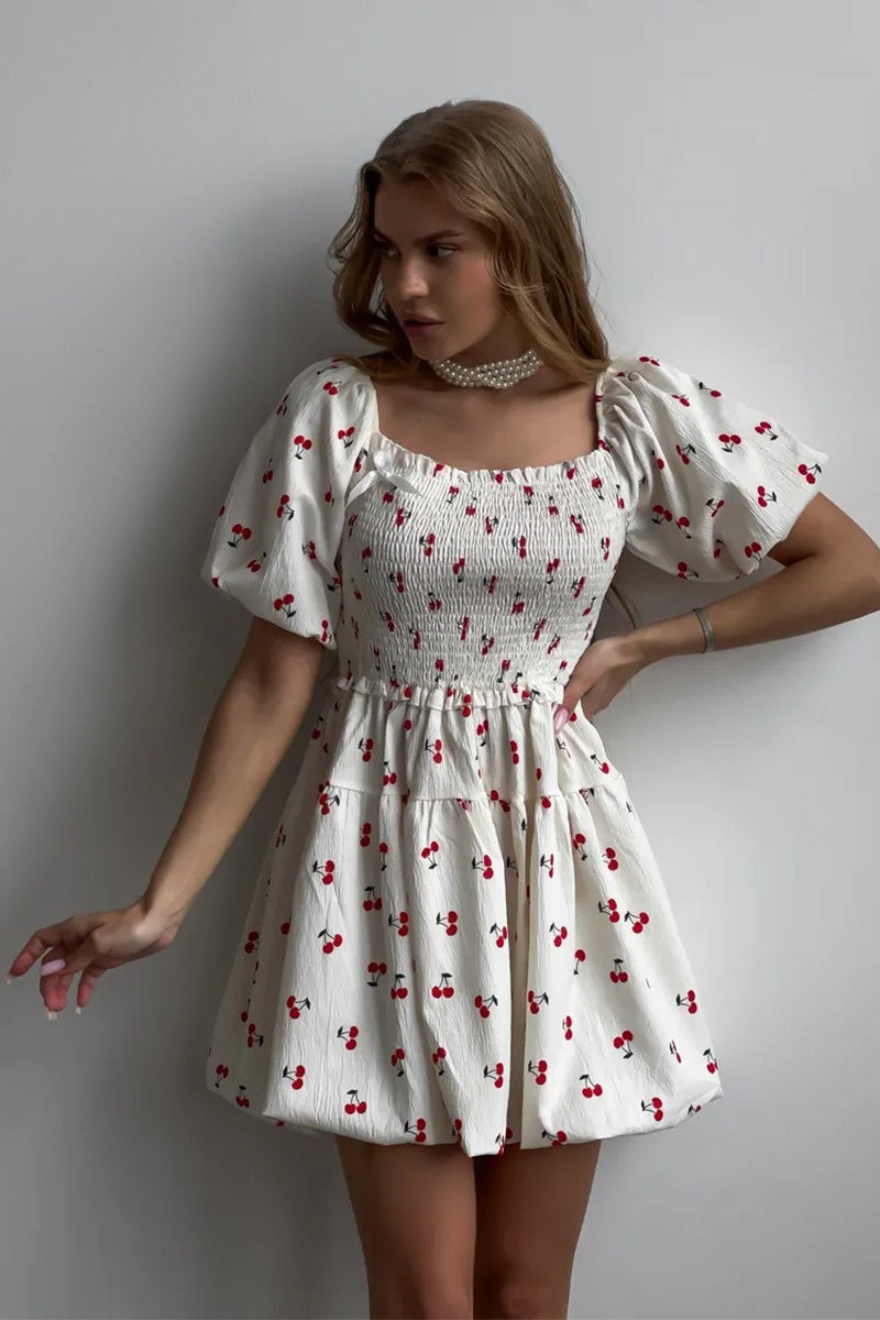 Fruit Print Smocked Off Shoulder Puff Sleeve Tiered Mini Dress 2