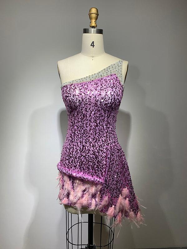 One Shoulder Rhinestone Trim Sequin Feather Hem Asymmetrical Mini Dress 2