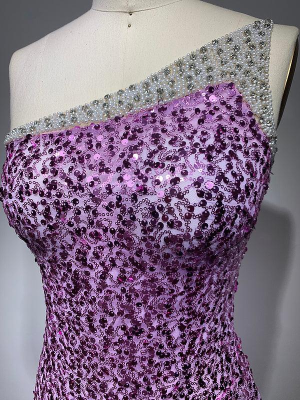 One Shoulder Rhinestone Trim Sequin Feather Hem Asymmetrical Mini Dress 3