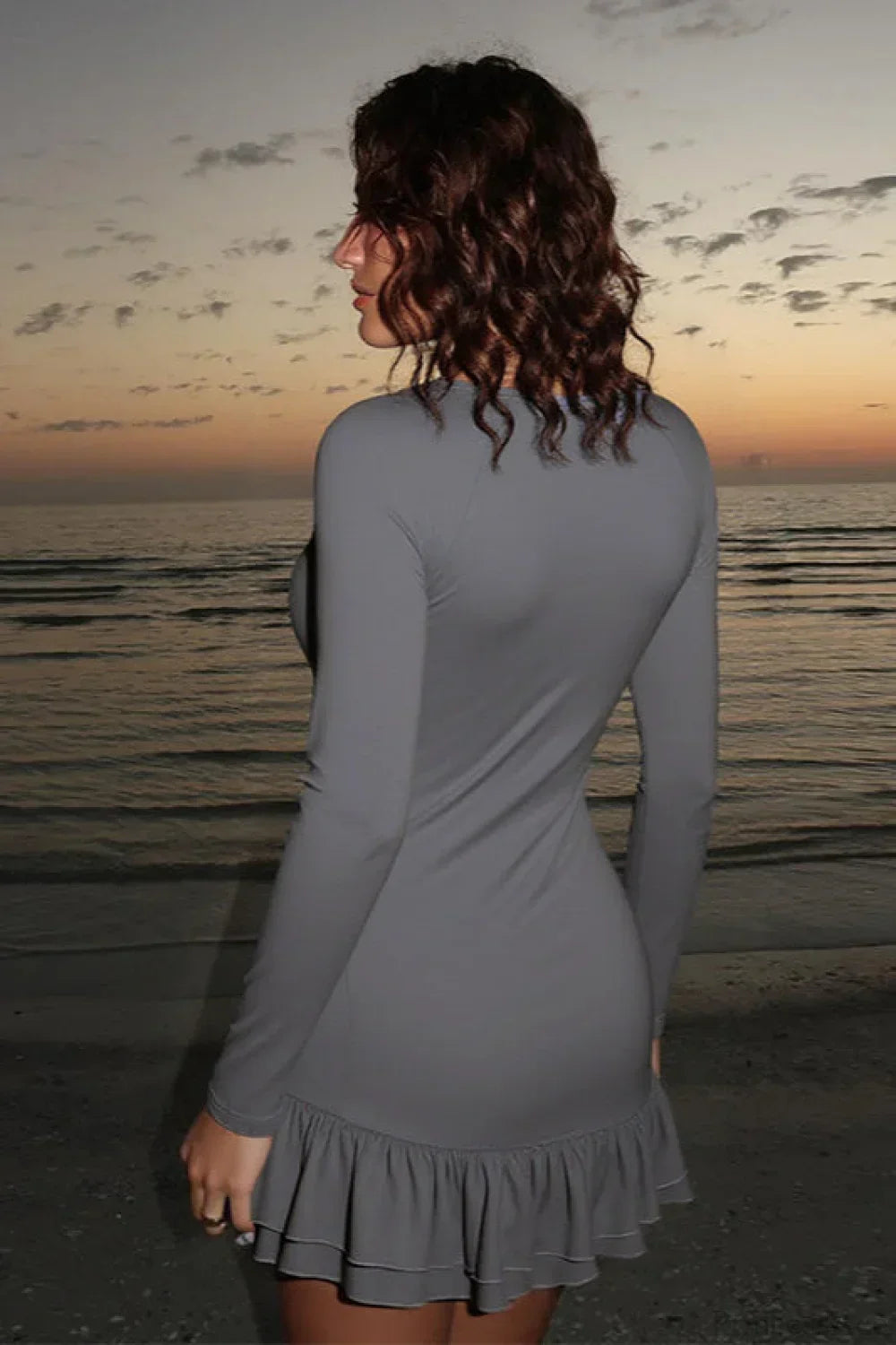 Deep V-Neck Grommet Eyelet Long Sleeve Tiered Ruffle Hem Bodycon Mini Dress 3