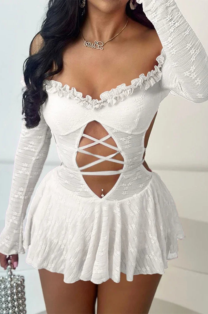 Lace Long Sleeve Ruffle Trim Cutout Lace-Up Crisscross Hem Mini Dress 2