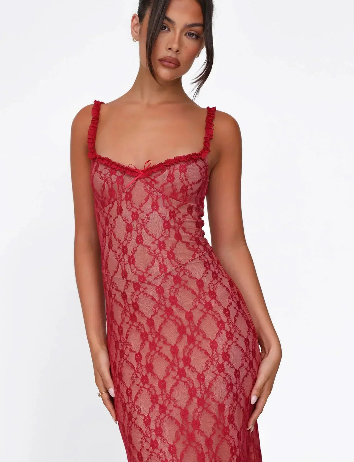 Floral Lace Ruffled Sweetheart Neckline Ruffle Strap Bodycon Midi Dress 9