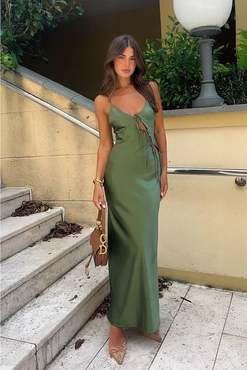 Deep V-Neck Spaghetti Strap Satin Tie Side Cutout Bodycon Maxi Dress