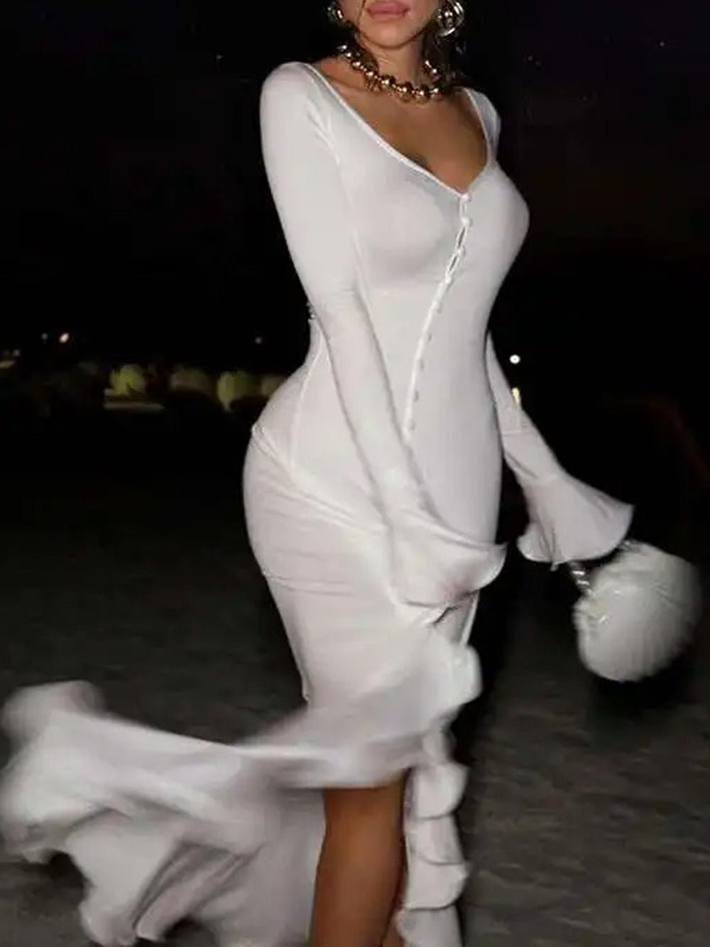 Contrast Trim Deep V-Neck Button Front Ruffle Cuff High Slit Midi Dress 7