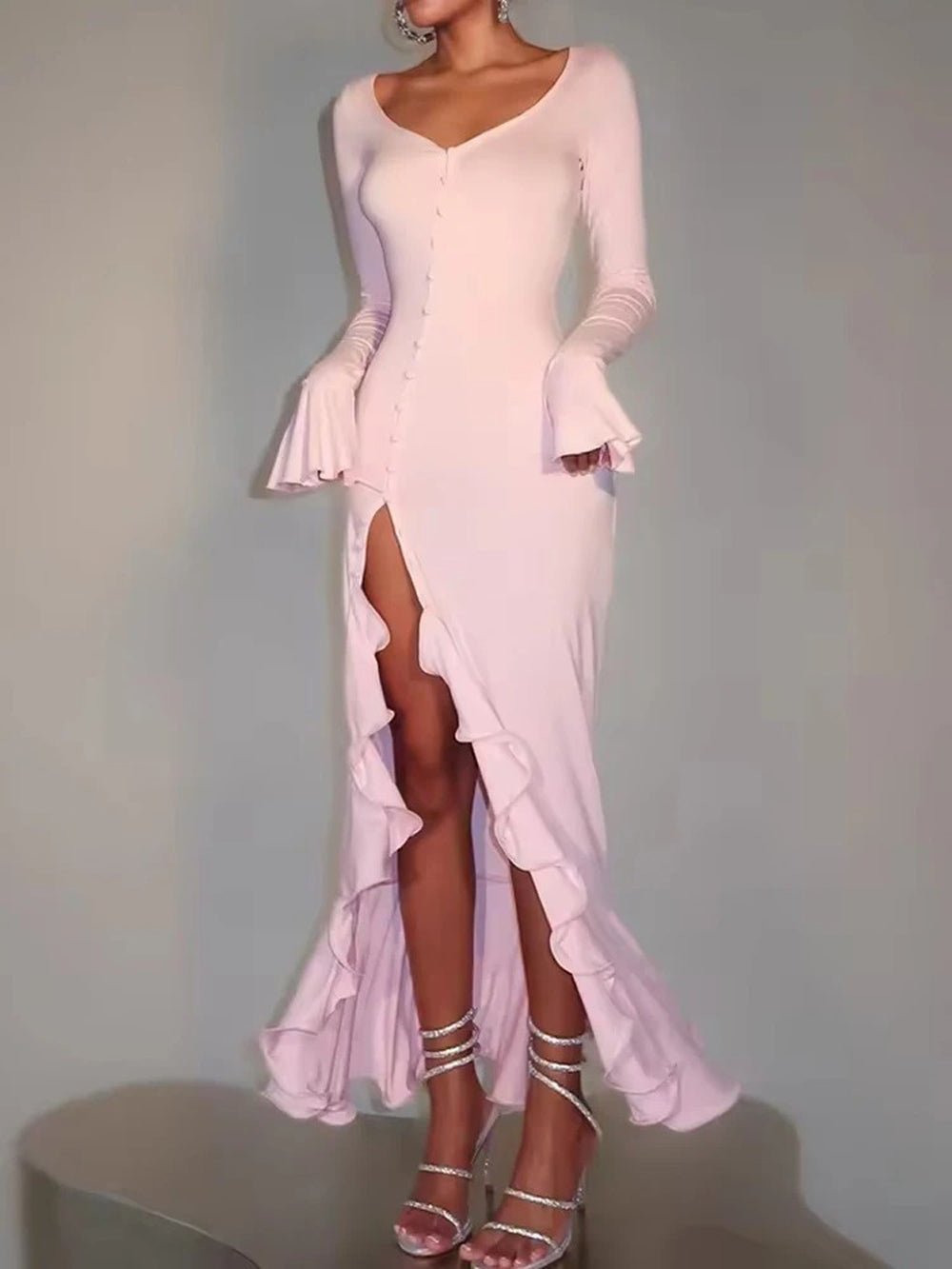 Contrast Trim Deep V-Neck Button Front Ruffle Cuff High Slit Midi Dress 4