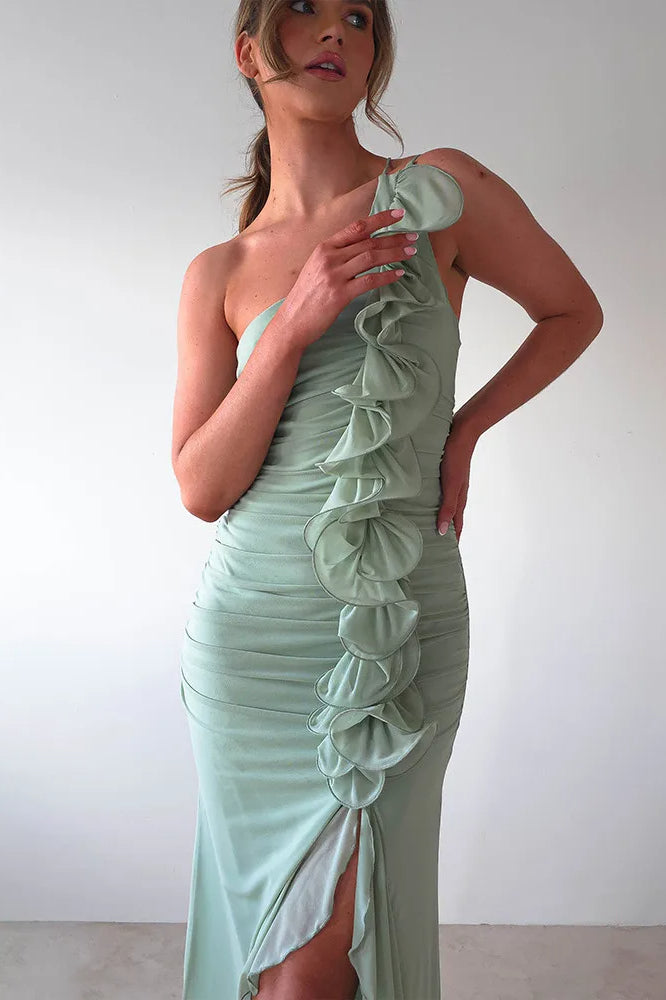 One Shoulder Ruched Vertical Ruffle Front High Split Midi Dress 4