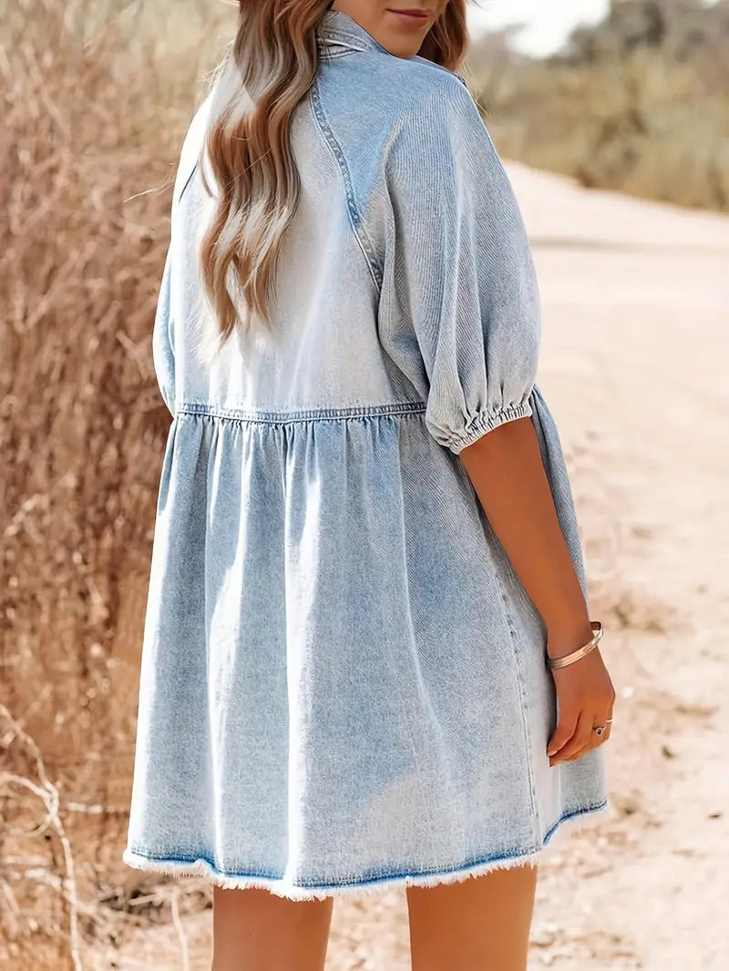 Denim Button-Down Collar Puff Sleeve Empire Waist Frayed Hem Babydoll Mini Dress 3