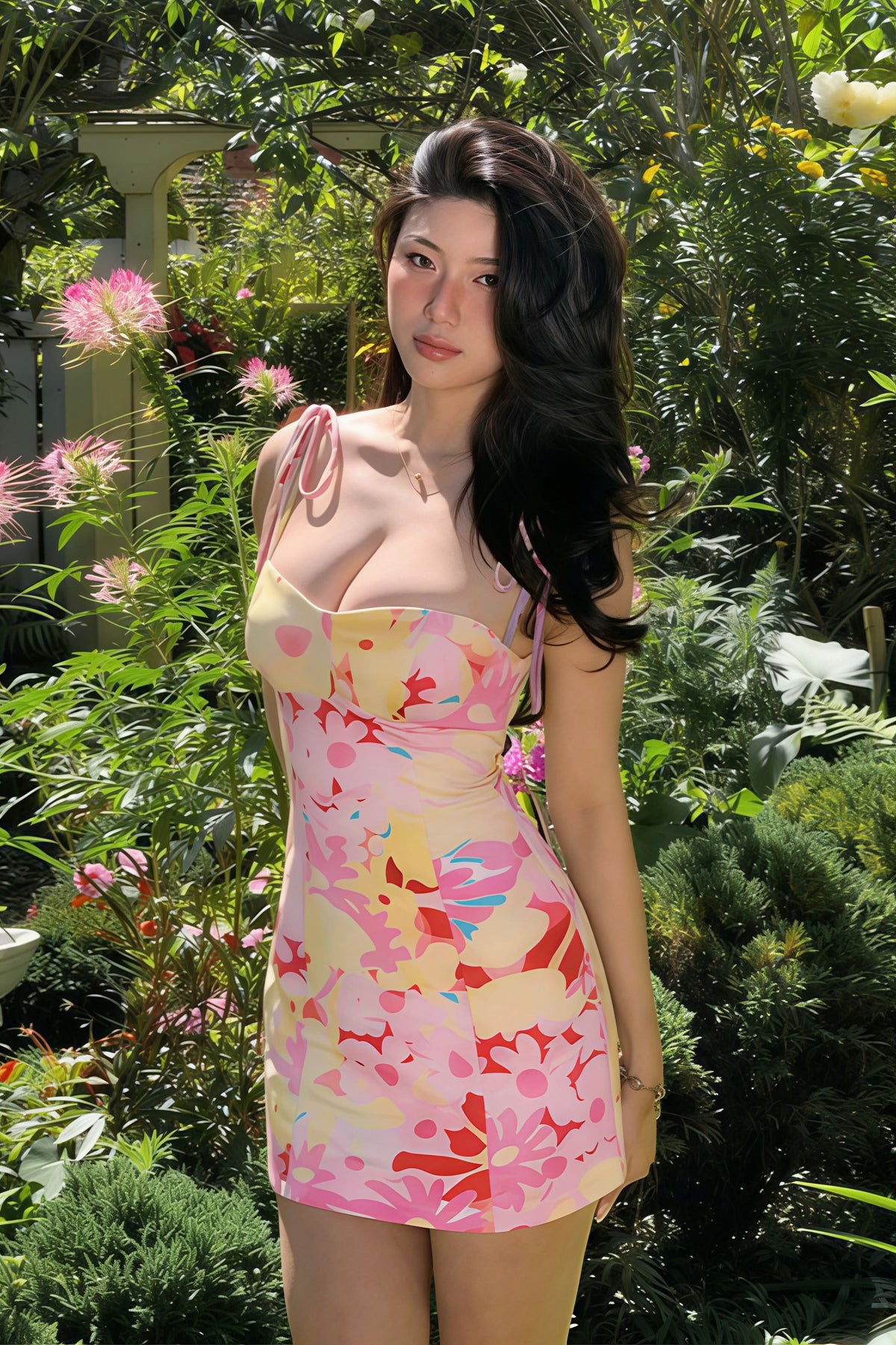 Abstract Floral Print Tie Shoulder Sweetheart Bodycon Mini Dress