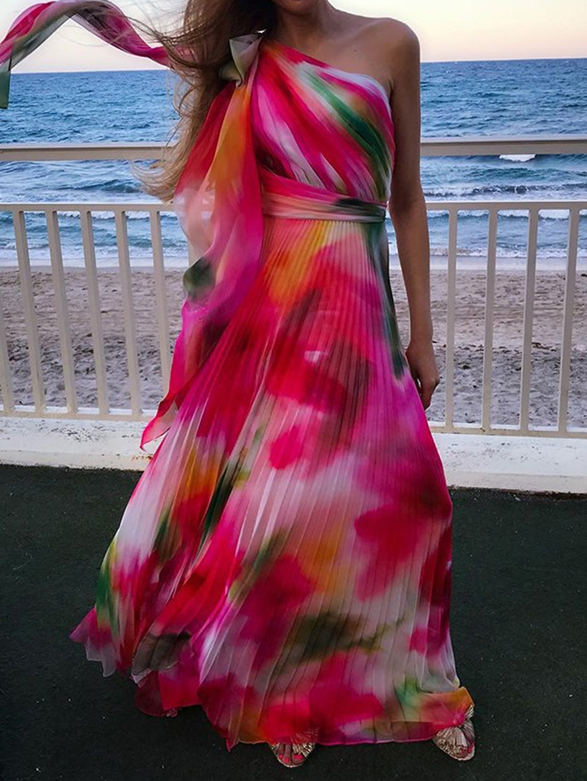 One Shoulder Bow Strap Abstract Watercolor Pleated Maxi Gown 2