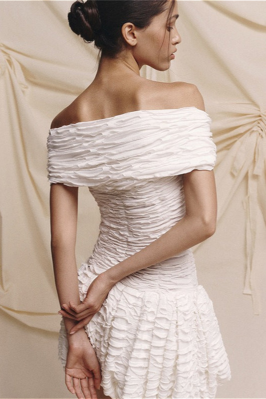 Off-Shoulder Twisted Knot Ruched Shirred Bubble Hem Mini Dress 5