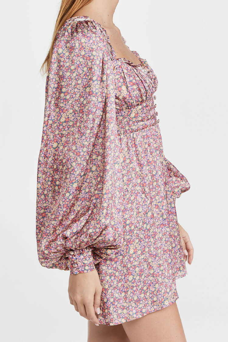 Ditsy Floral Sweetheart Ruffle Trim Button Front Puff Sleeve Mini Dress 2