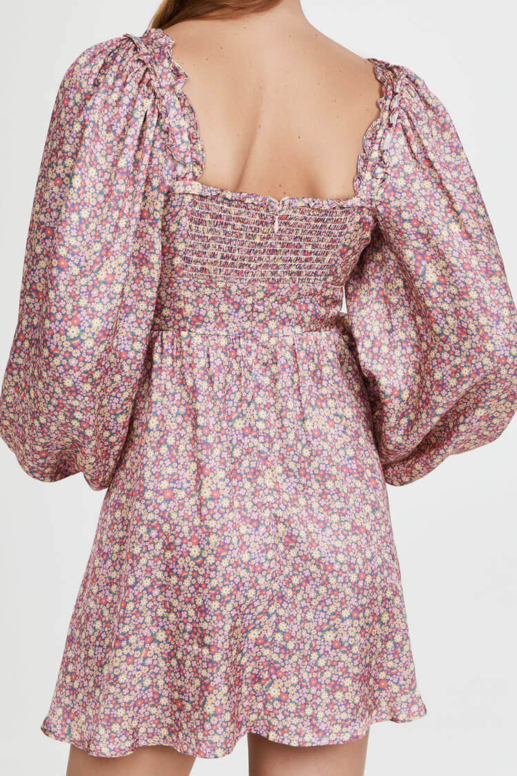 Ditsy Floral Sweetheart Ruffle Trim Button Front Puff Sleeve Mini Dress 3