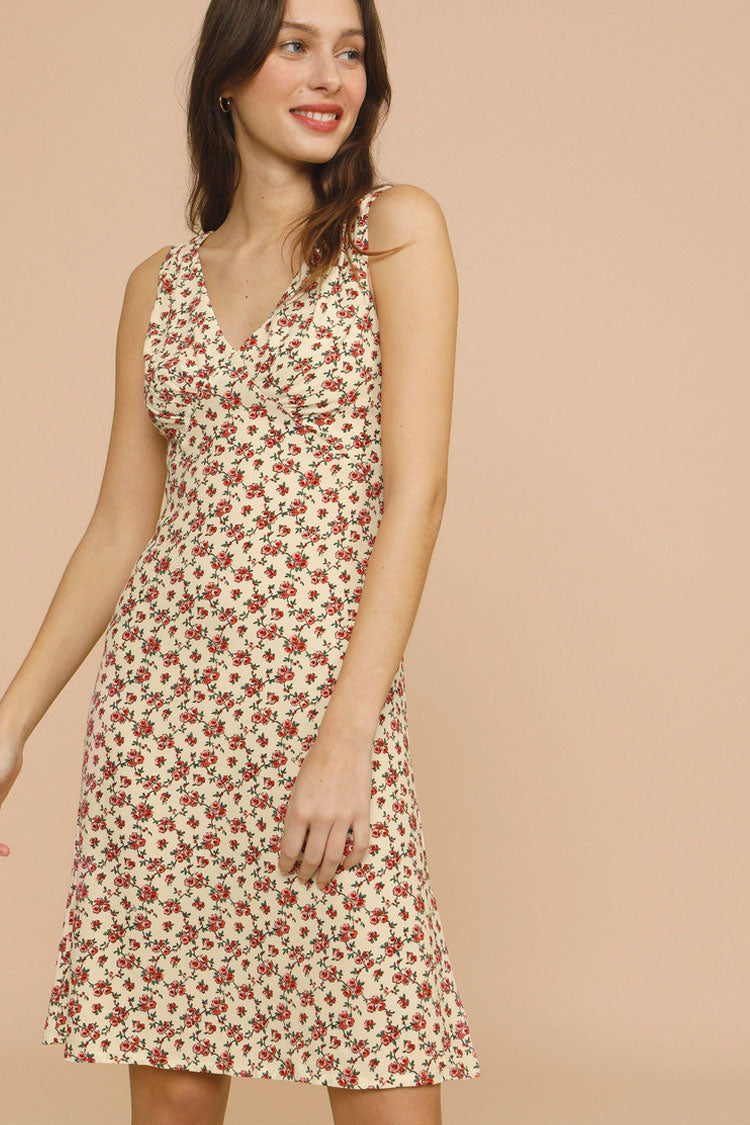Ditsy Floral Print Ruched V Neck Sleeveless French Midi Dress
