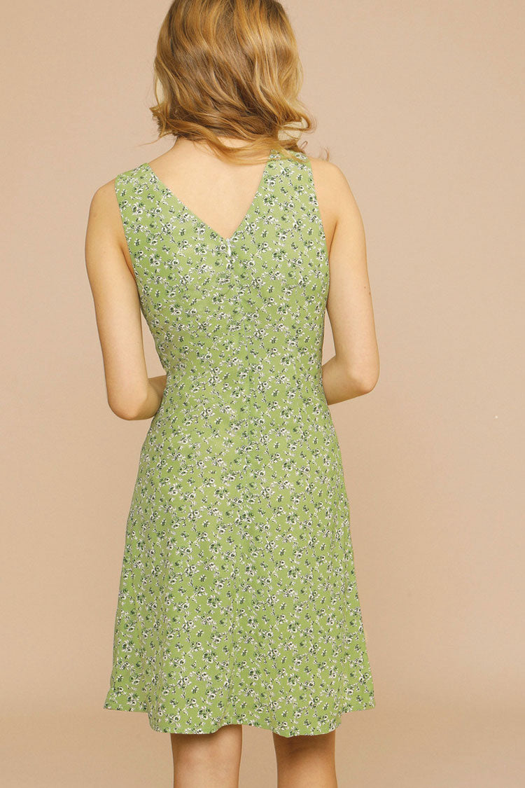Ditsy Floral Print Ruched V Neck Sleeveless French Mini Dress 3