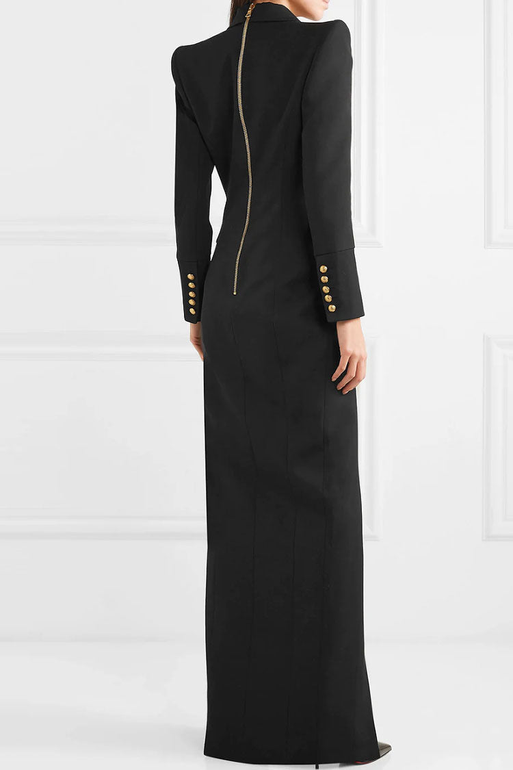 Peak Lapel Double-Breasted Front Slit Blazer Maxi Gown 2