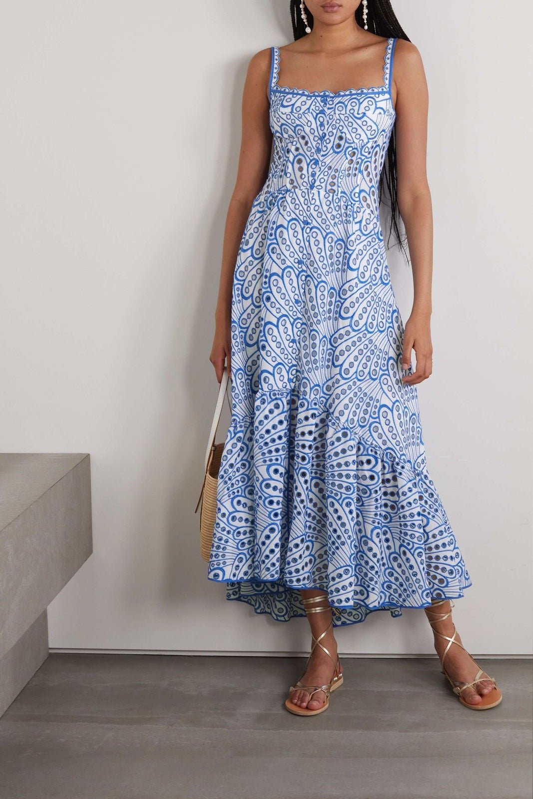 Square Neck Scallop Edge Eyelet Fan Print Tiered Midi Dress