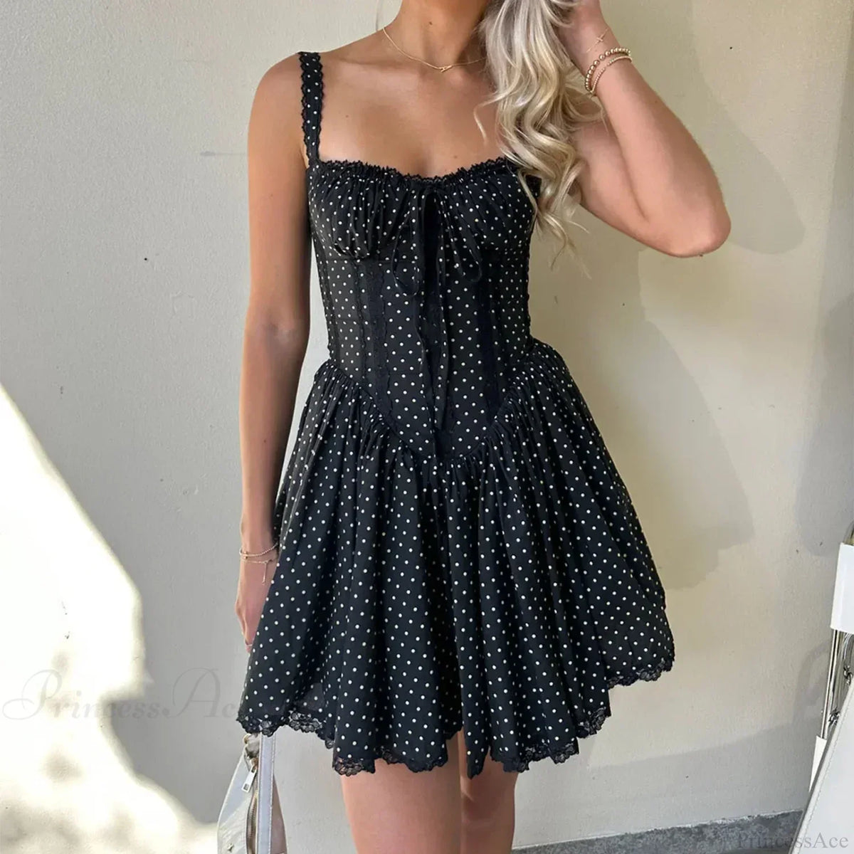 Polka Dot Ruffle Strap Bustier Lace Hem Fit And Flare Mini Dress
